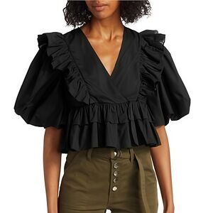 RHODE Elodie Ruffle Peplum Cropped Cotton V Neck Blouse Size Medium Women's